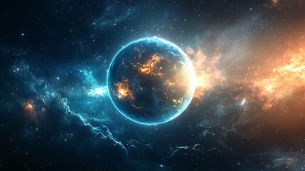 Cosmic Planet: A Celestial Symphony of Nebulae and Glowing Worlds