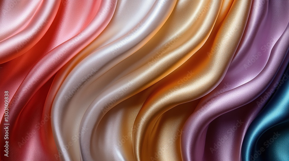 Poster elegant silk fabric showcasing a gradient of colors in soft waves and folds illuminated by gentle li