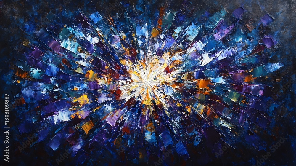 Poster exploding shards of glass in vibrant colors of blue and purple, ideal for dynamic and abstract desig