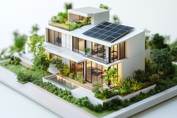 Fototapeta premium Modern Eco-Friendly House Model with Solar Panels and Lush Greenery for Sustainable Living