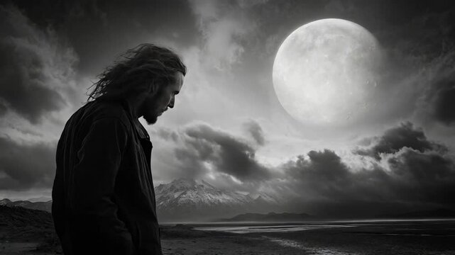 A man stands in the desert looking at the moon