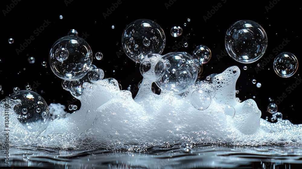 Poster bubbles rising above water surface, creating a mesmerizing display of light and texture in a dark se