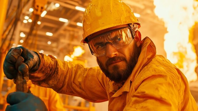 Offshore Roustabout Laborer, engaged in demanding tasks on an oil rig, showcasing resilience and teamwork in a challenging maritime setting, surrounded by vast open ocean.