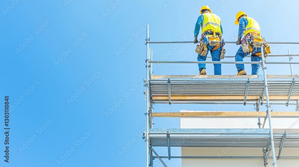 Poster scaffolder assembling platforms, skilled worker creating sturdy scaffolding for extensive constructi