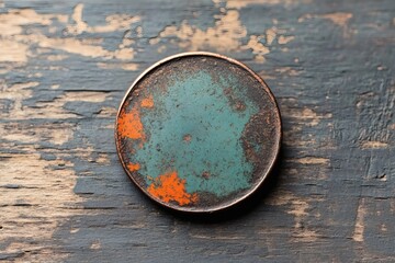 Rusty coin resting on an aged wooden surface. Generative AI