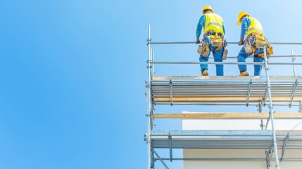 Scaffolder Assembling Platforms, skilled worker creating sturdy scaffolding for extensive construction project, ensuring safety and stability in dynamic environment