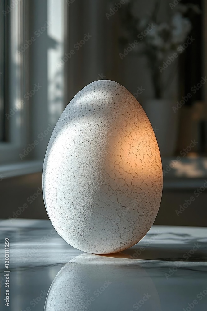 Poster a beautifully illuminated cracked egg resting on a table with soft shadows and a serene background