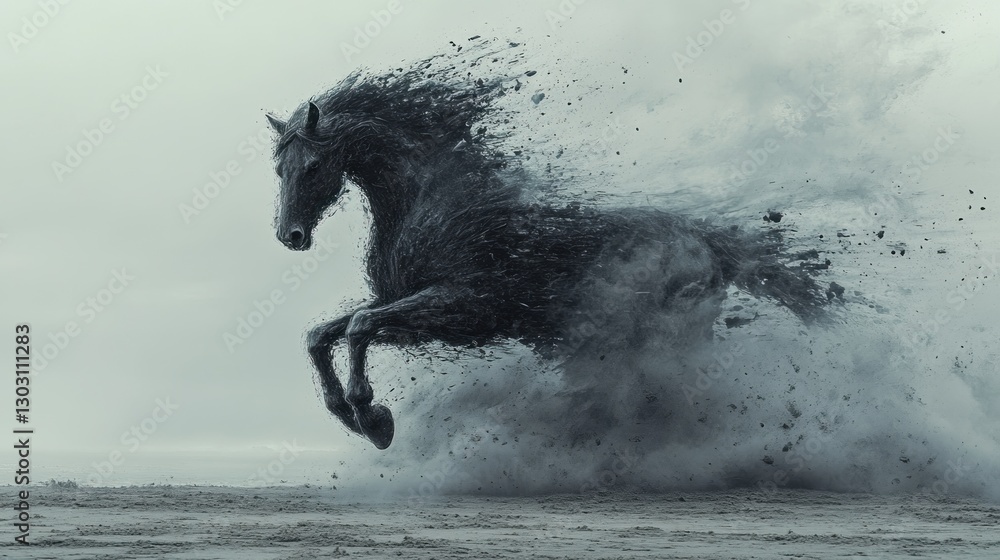 Poster a dynamic horse emerging from a cloud of dust, creating a powerful and artistic visual effect.