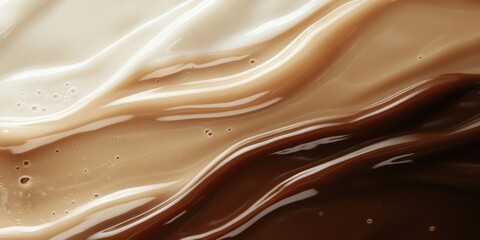 Close-up of milk and chocolate liquid flowing, on a brown background