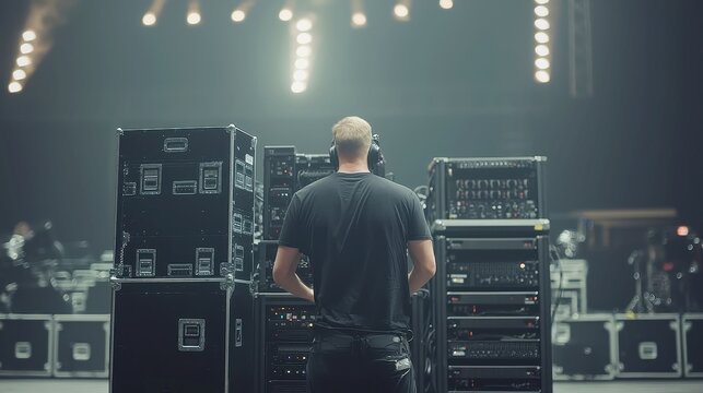 Concert Setup, stage rigger organizing heavy audio and lighting equipment, collaborative effort in a spacious venue, anticipation for the upcoming performance