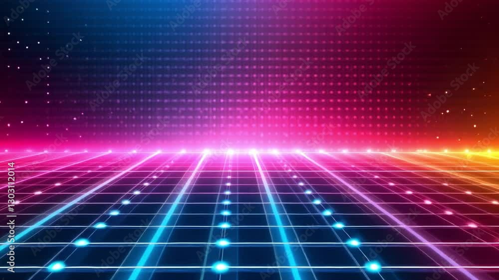 Poster futuristic digital grid: a mesmerizing perspective view of an illuminated neon grid, creating a futu