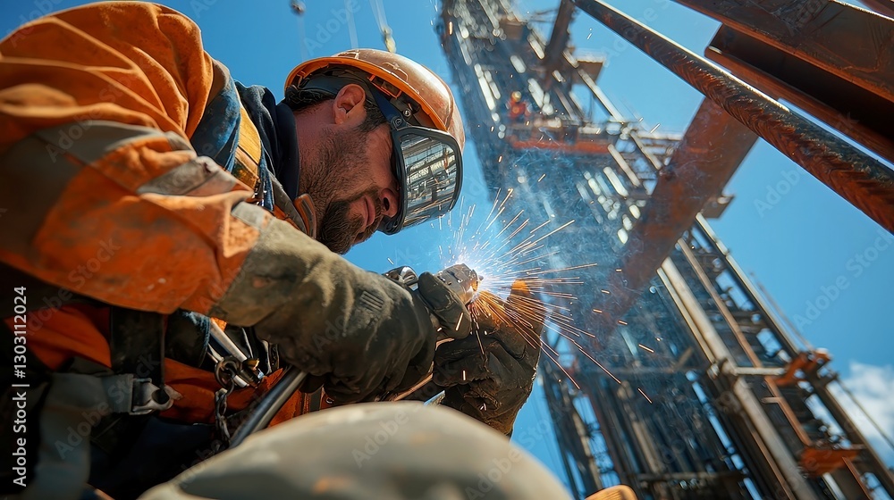 Poster steelworker in action, engaged in welding and assembling robust structural steel frameworks for a to