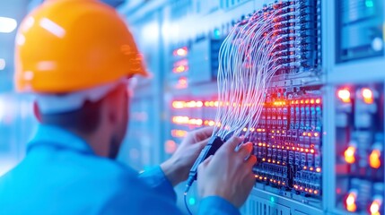 Telecommunications Technician Fiber Optic Installation, skilled technician setting up high-speed internet infrastructure, focused work in a spacious environment, advanced technology in use