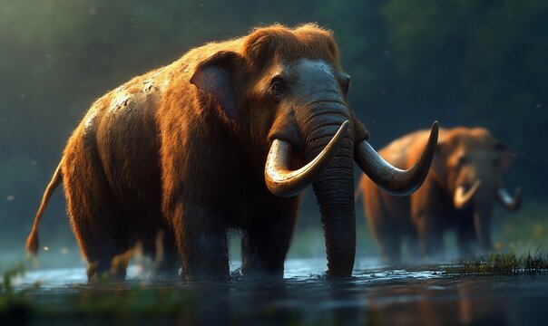 Woolly Mammoth in a Misty Forest River