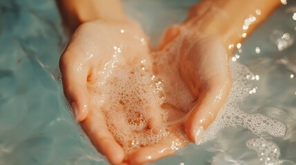 Fototapeta premium Hands Rinsing Under Warm Water with Soap Bubbles for Cleansing and Hygiene