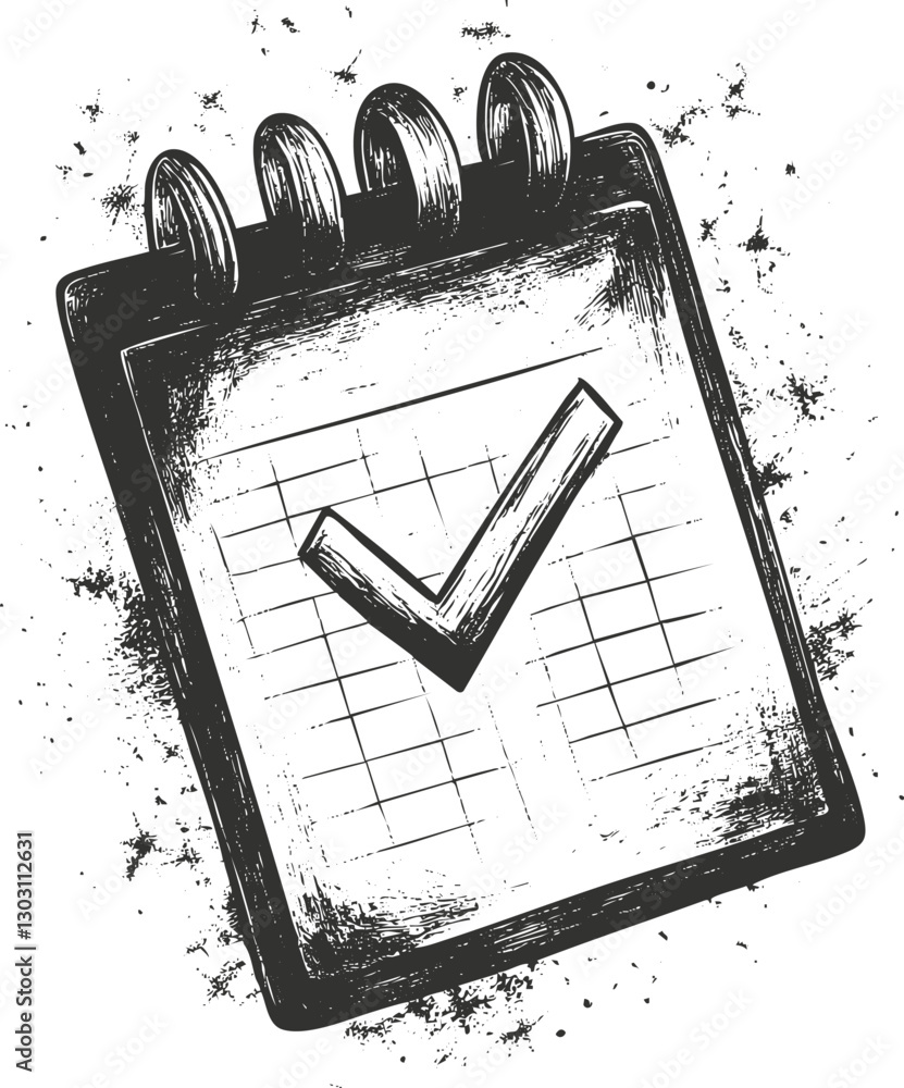 Aufkleber grunge sketch of a spiral notebook with a checkmark on white background.