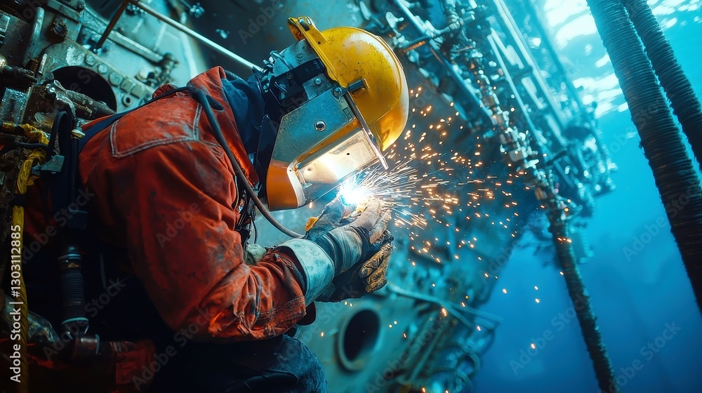 Poster underwater welding specialist, engaged in intricate repairs on submerged structures, utilizing advan