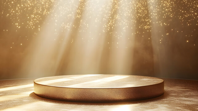 A luxurious golden podium bathed in radiant golden light beams with sparkling effects