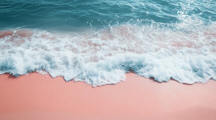 Obraz premium Pink sand beach with foamy waves. Ocean shore scene. Calm beach. Use Stock photo