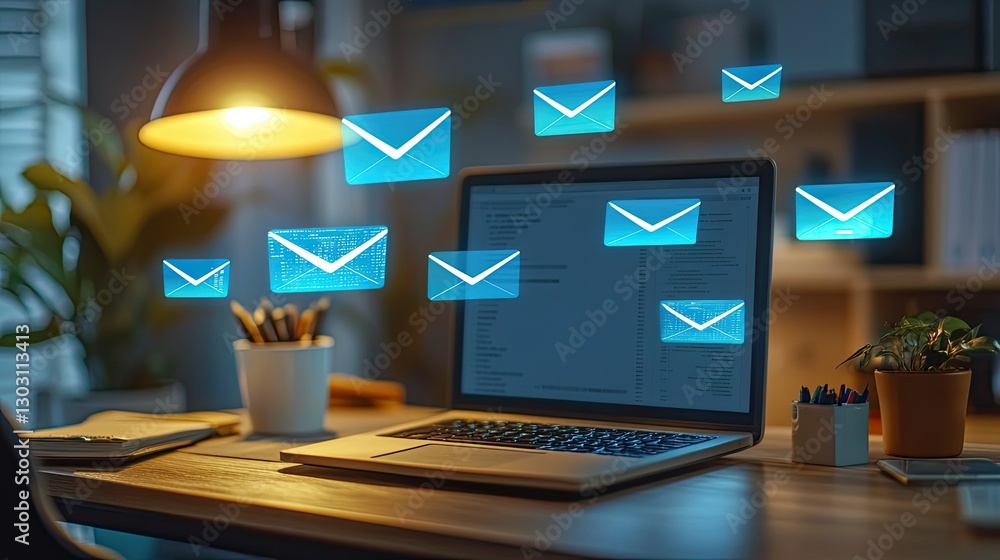 Poster professional workspace with floating email notifications and digital message icons surrounding a use