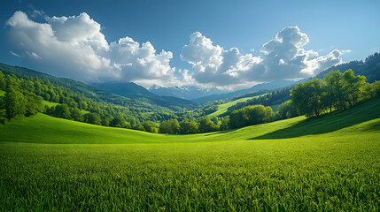 Obraz premium A picturesque view of rolling green hills stretching into the horizon beneath a bright blue sky with fluffy white clouds