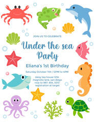 Birthday invitation card vector template. Sea birthday Party theme with fishes and other elements.