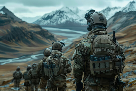A group of special operations soldiers in tactical gear navigating a rugged mountain landscape with snow-capped peaks and a winding river in the background
