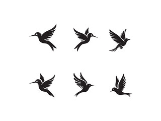 Obraz premium vector silhouettes of birds.Silhouettes of Hummingbirds in Flight, Perfect for Logos or Design.A set of stylized, black silhouette hummingbirds in various flight positions against a pure white backgro