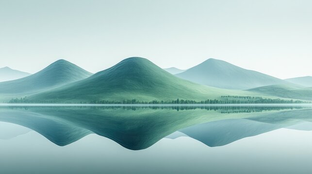 Serene misty mountains reflected in calm lake; peaceful nature scene, ideal for travel brochures