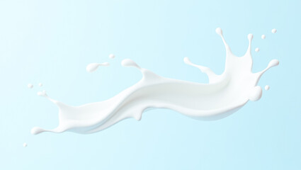 milk splash: dynamic flow of creamy white liquid against light blue background