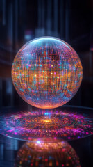 Obraz premium A captivating spherical structure emerges, showcasing a data grid pattern with vibrant patterns that shift and dance. This mesmerizing display fills the space with light and color