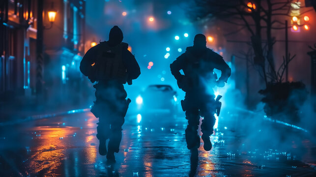Two men in tactical gear sprinting through a neon-lit, rain-soaked street at night, amidst a dramatic urban setting