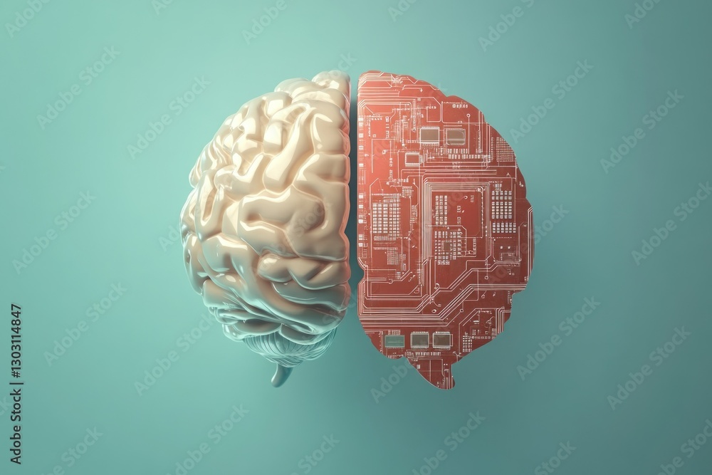 Poster human brain and circuit board concept showing the intersection of technology and intelligence