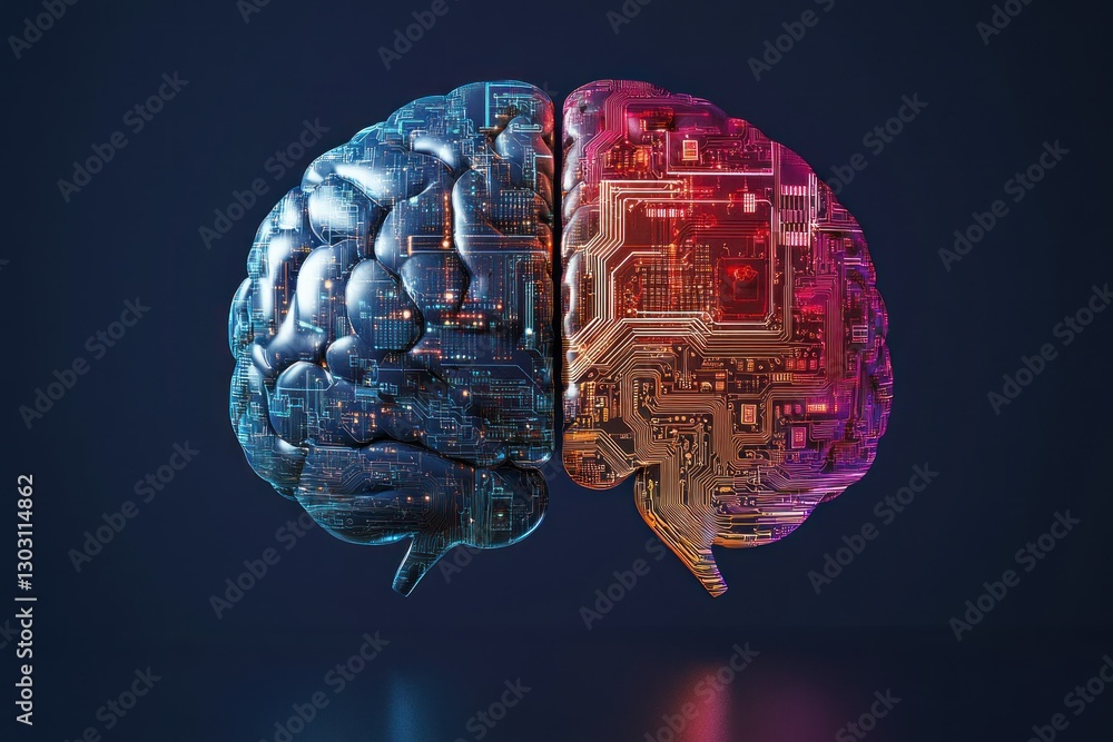 Poster duality of human mind and artificial intelligence concept with circuit board patterns