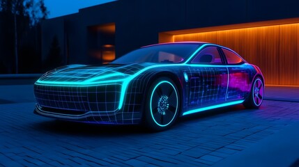 Futuristic Electric Car with Smart Charging Interface in Vibrant Neon Lighting