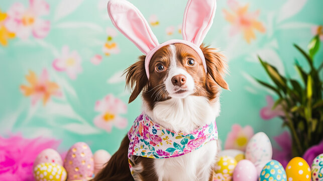 Cute dog and bunny pet with Easter eggs for spring celebration