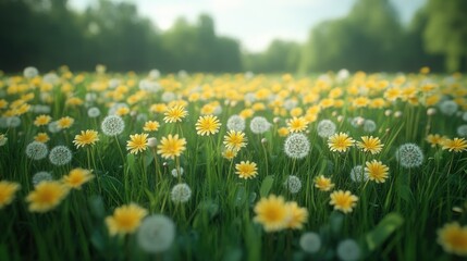 Obraz premium Dandelions blooming in a sunlit meadow