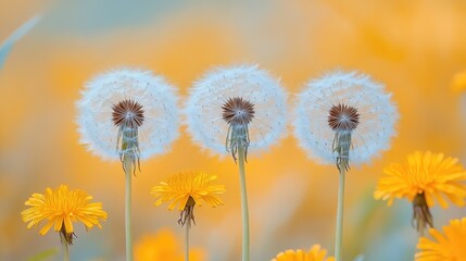 Naklejka premium Soft focus dandelions in meadow, beautiful springtime flowers