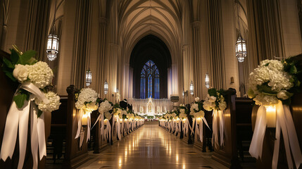 Elegant wedding ceremony and reception with floral decor inside church