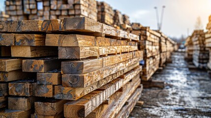 Close up stacks of lumber ready for further processing