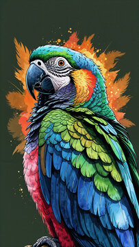 Illustrazione acquarello e china di un pappagallo tropicale della specie Ara su sfondo verde scuro