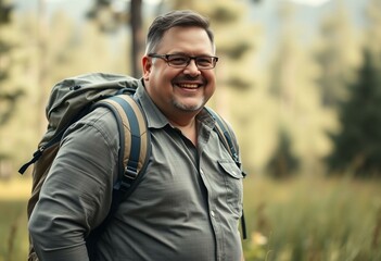 Photorealistic portrait of a joyful overweight explorer in a natural setting