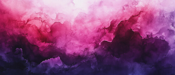 A fluid watercolor abstract composition with dramatic magenta and deep purple hues blending and bleeding into each other, organic, cloud-like shapes with intense color gradations. Generative AI