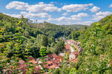 The historic town of Stolberg surrounded by the Harz Mountains (Saxony-Anhalt, Germany) on a sunny...
