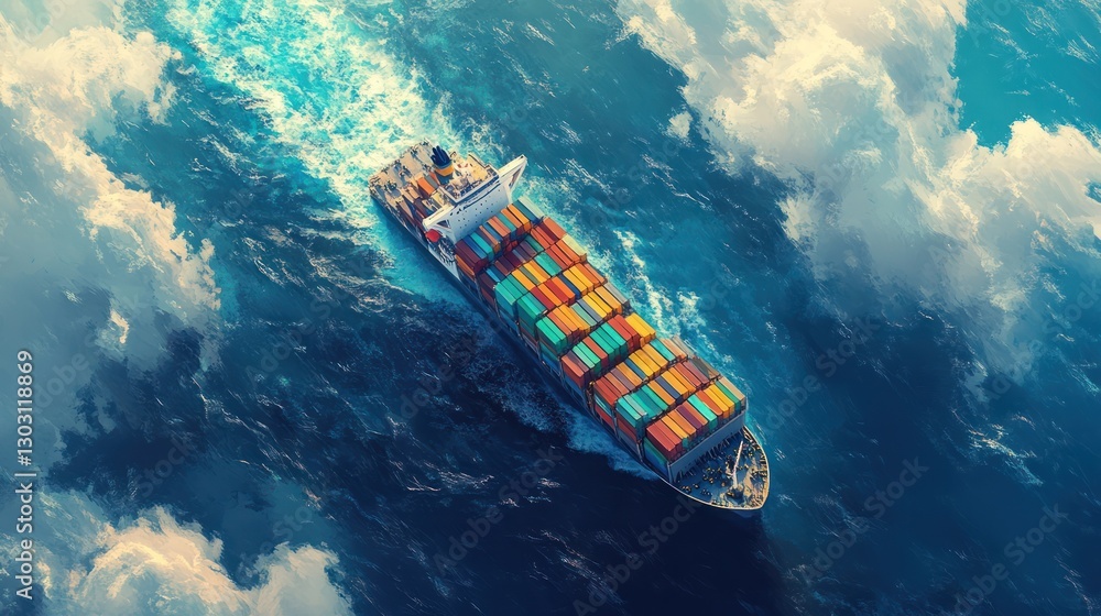 Poster aerial view of a container ship sailing on a cloudy ocean.