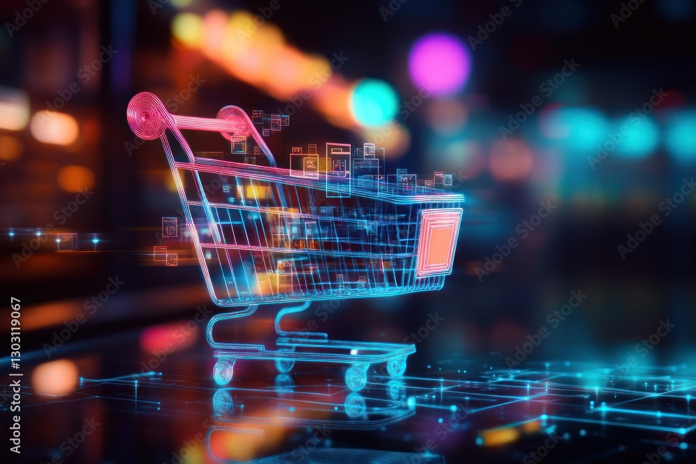 Poster futuristic digital shopping cart with neon lights and data points in e-commerce environment