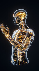 A remarkable hologram depicts the human form, showcasing intricate internal structures. Luminous lines represent vital systems, highlighting the brain and nervous pathways in stunning detail