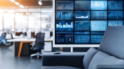 Futuristic AI-Powered Financial Analytics Office with Transparent Digital Displays and Neon Accents