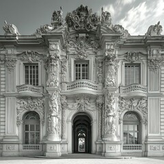 Ornate palace facade, detailed stonework, grand entrance.
