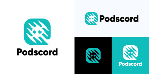 Podcast logo icon design, Cartoon face with two protruding eyes combined with sound wave or equalizer icon, Cartoon character face with plus symbol or spectrum icon.